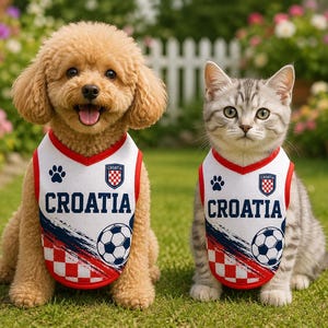 May include: A light brown poodle and a grey tabby cat wearing matching white sleeveless jerseys with red trim. The jerseys feature the text CROATIA, a soccer ball graphic, a paw print, and a red and white checkered shield emblem on the chest.