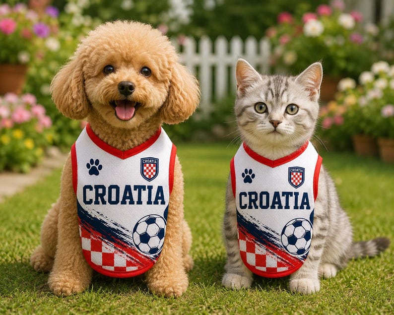 May include: A light brown poodle and a grey tabby cat wearing matching white sleeveless jerseys with red trim. The jerseys feature the text CROATIA, a soccer ball graphic, a paw print, and a red and white checkered shield emblem on the chest.
