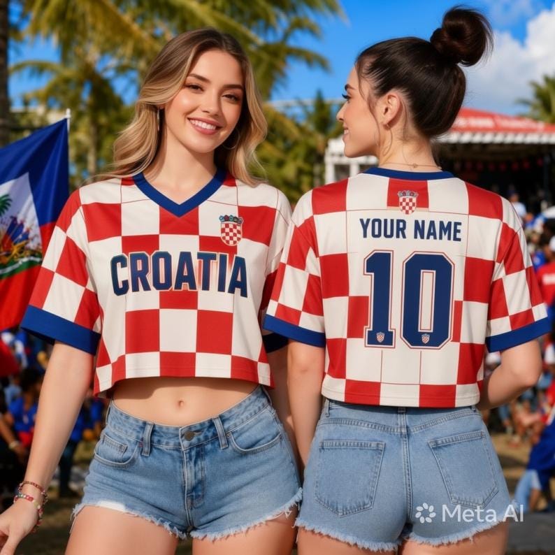 Puede incluir: Una camiseta corta de cuello en V con un patr&oacute;n de cuadros rojos y blancos, ribetes azules y el texto CROATIA en la parte delantera. La parte trasera muestra el texto YOUR NAME sobre el n&uacute;mero 10, junto a pantalones cortos de mezclilla.