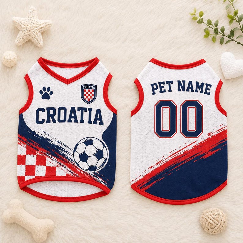 May include: A white, red, and blue sleeveless pet jersey featuring a soccer ball graphic, a paw print, and the text CROATIA on the front. The back displays the text PET NAME above the number 00, with a red and blue diagonal brushstroke design.