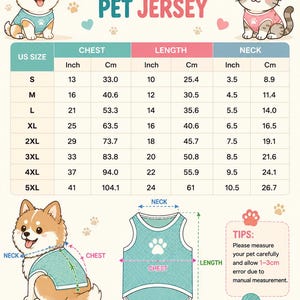May include: An all-over print mesh pet jersey size chart featuring illustrations of a dog and cat. The table lists chest, length, and neck measurements in inches and centimeters for sizes S through 5XL, with a diagram showing how to measure.