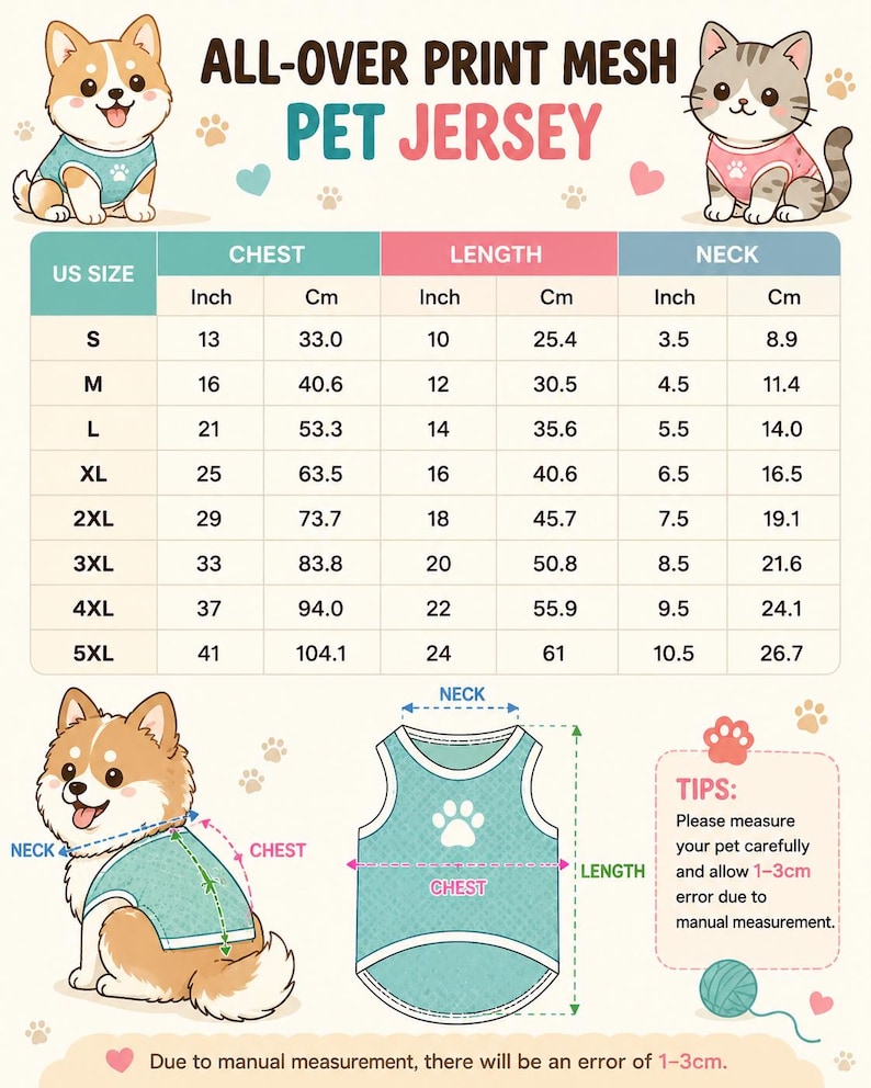 May include: An all-over print mesh pet jersey size chart featuring illustrations of a dog and cat. The table lists chest, length, and neck measurements in inches and centimeters for sizes S through 5XL, with a diagram showing how to measure.