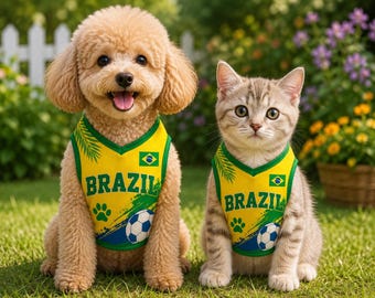 Personalisiertes Brasilien Print Mesh Haustier Jersey, Benutzerdefiniertes Hundekatzen Fußball-Shirt, Name Anzahl Fußball-Outfit für Haustiere