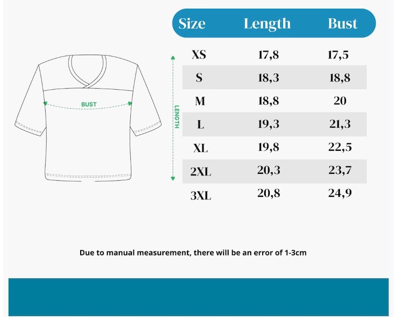 Puede incluir: Una tabla de tallas para una camiseta con un dibujo lineal de una prenda con cuello en V, indicando largo y busto. La tabla enumera tallas de XS a 3XL con valores num&eacute;ricos en pulgadas. Una nota indica un margen de error de 1-3cm.