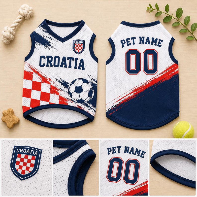 May include: A white, red, and navy blue mesh pet jersey featuring the text CROATIA, a soccer ball graphic, and a red and white checkered crest on the front. The back displays the text PET NAME above the number 00 in navy blue with red outlines.