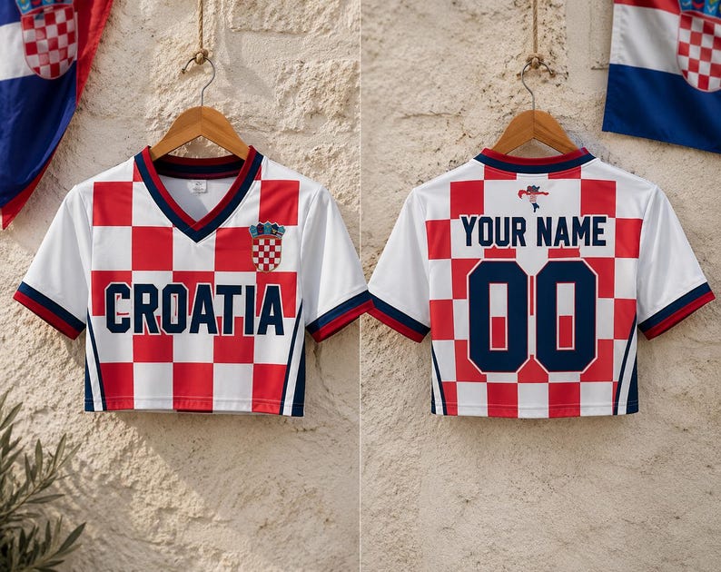 Puede incluir: Un top corto de manga corta con cuello en V y estampado de cuadros rojos y blancos. La parte delantera muestra el texto CROATIA en azul marino con un peque&ntilde;o escudo. La parte trasera muestra el texto YOUR NAME sobre el n&uacute;mero 00.