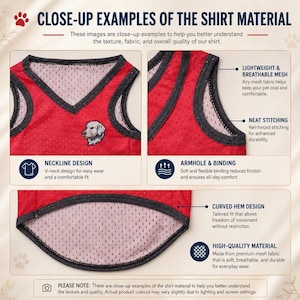 May include: A red mesh pet shirt featuring a V-neck, dark gray trim, and a small dog head graphic. The image includes text labels detailing features like lightweight breathable mesh, reinforced stitching, armhole binding, and a curved hem design.