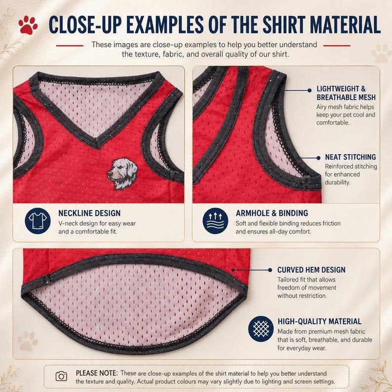 May include: A red mesh pet shirt featuring a V-neck, dark gray trim, and a small dog head graphic. The image includes text labels detailing features like lightweight breathable mesh, reinforced stitching, armhole binding, and a curved hem design.