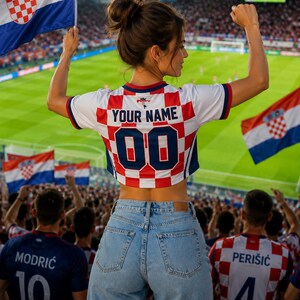 Puede incluir: Una camiseta de f&uacute;tbol corta con el patr&oacute;n de cuadros rojos y blancos de la bandera croata, con el texto "YOUR NAME" y el n&uacute;mero "00" impresos en la espalda en azul oscuro, combinada con vaqueros de mezclilla azul claro en un estadio.