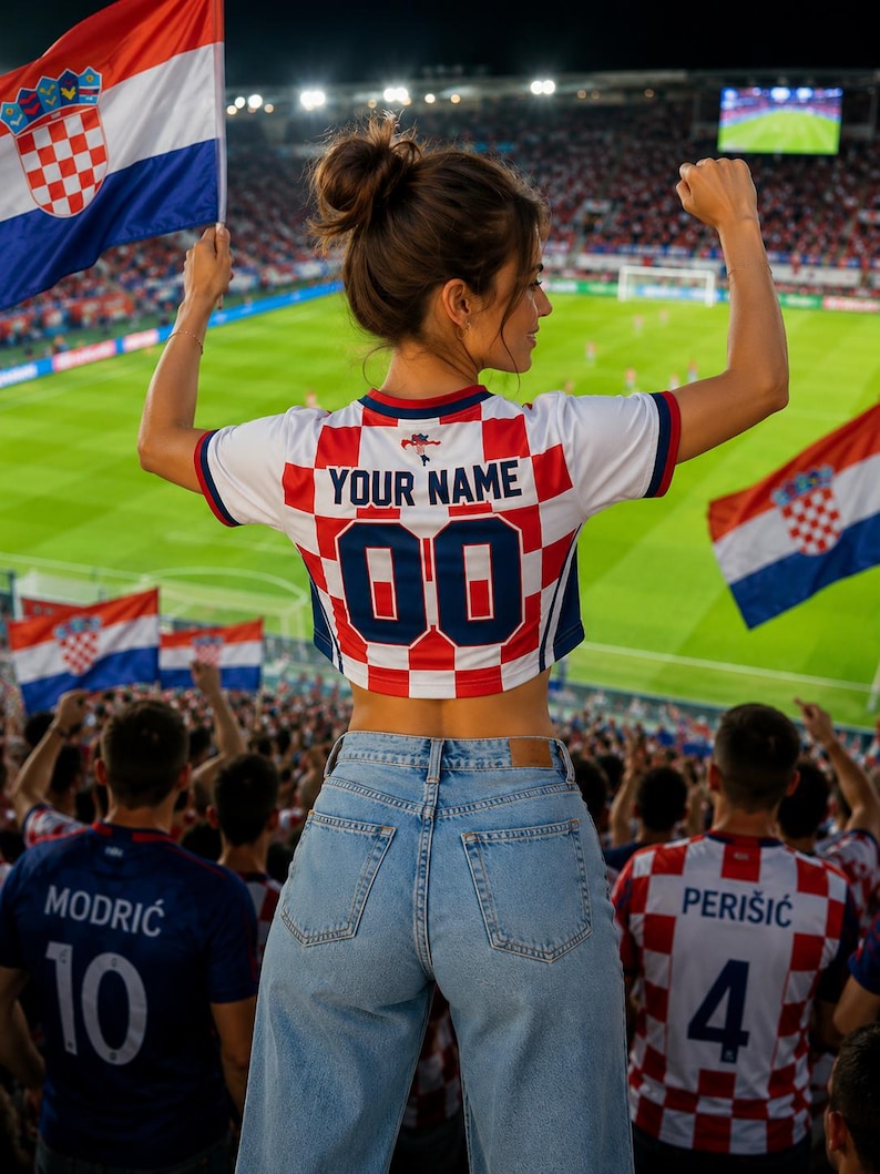 Puede incluir: Una camiseta de f&uacute;tbol corta con el patr&oacute;n de cuadros rojos y blancos de la bandera croata, con el texto "YOUR NAME" y el n&uacute;mero "00" impresos en la espalda en azul oscuro, combinada con vaqueros de mezclilla azul claro en un estadio.