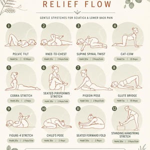 Könnte beinhalten: Eine Anleitungstafel mit dem Titel SCIATICA RELIEF FLOW, die zwölf nummerierte Illustrationen von Yoga-Übungen zeigt. Jeder Abschnitt enthält den Namen der Pose, wie Pelvic Tilt und Glute Bridge, sowie spezifische Haltezeiten und Wiederholungszahlen.