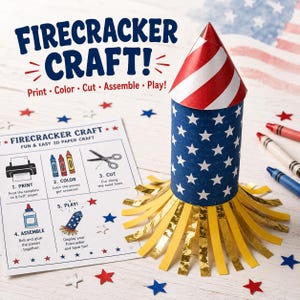 Pode incluir: Um artesanato de foguete de papel 3D com um cilindro azul de estrelas brancas, um topo cônico de listras vermelhas e brancas e franjas douradas na base. Uma folha de instruções intitulada FIRECRACKER CRAFT com os passos 1 a 5 está visível.