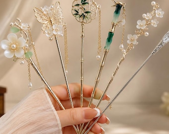 Vintage Pearl Bun Pins, Chinese Floral Sticks, Elegant Bridal Gift for Women