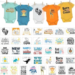 May include: Five short-sleeved baby bodysuits in mint, blue, white, orange, and yellow hanging on a line, each featuring unique graphic prints and text like Baby Brother, Mommy's Mane Man, Baby Boy, Hello Big World, and Born to Cuddle.
