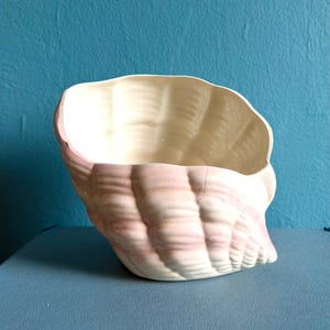 May include: A ceramic bowl shaped like a large seashell with a glossy finish. The exterior features a gradient of soft pastel pink and cream colors, while the interior is a solid cream color. The surface has molded ridges mimicking a natural shell.