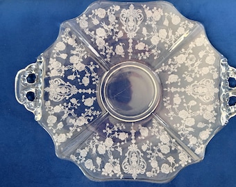 Fostoria Navarre Handled Cake Plate Oval Tray 2440 Etched Crystal Vintage 13.75 inch