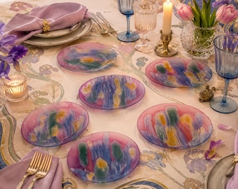 Arcoroc France saladeborden set van 10 aquarel gemarmerd roze vintage MCM gehard glas
