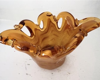 Vintage Murano Art Glass Amber Freeform Bowl Lavorazione Arte Italy Tulip Rim