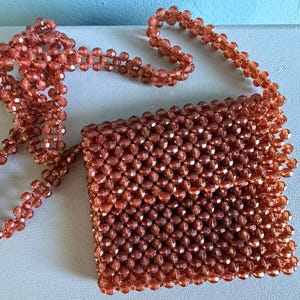 1970s Amber Beaded Crossbody Bag – Translucent Acrylic Bicone Clutch (5" H x 5.5" W)