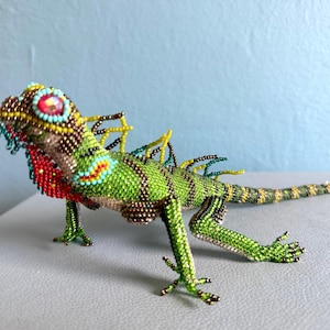 Large 13" Guatemalan Hand Beaded Iguana Sculpture Czech Glass Seed Bead Lizard Folk Art Figurine Neon Green