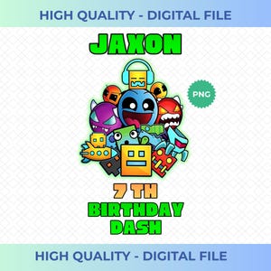 May include: A digital graphic featuring the name JAXON in green letters above a cluster of colorful cartoon characters and geometric shapes. Below the characters, the text reads 7 TH BIRTHDAY DASH in orange and green. The file is labeled PNG.