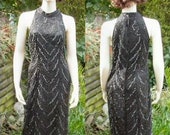 Vintage 80s dress Frank Usher totally black beads & sequins sexy column dress Bust 38 UK 14