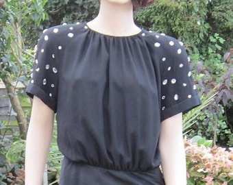 Vintage 80s does 40s dress Yvette of Paris black cocktail dress huge rhinestones pleats drop waist B 36 goth