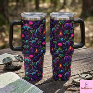 Neon Dinosaur Tumbler with Handle, 40oz Synthwave Travel Mug, Vaporwave T-Rex Cup, Retro 80s Gamer Gift