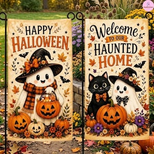 May include: Two vertical garden flags featuring Halloween themes. The left flag shows a ghost in a witch hat and plaid scarf holding a jack-o'-lantern, with the text HAPPY HALLOWEEN. The right flag shows a black cat and ghost with the text Welcome TO OUR HAUNTED HOME.