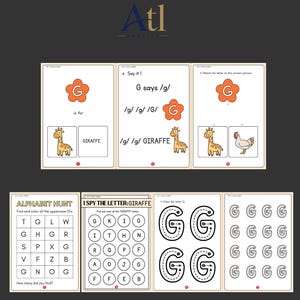 Pode incluir: Um conjunto de seis folhas de atividades educativas para aprender a letra G, com ilustrações de uma girafa e uma flor. As páginas incluem exercícios como traçar a letra G, uma caça ao alfabeto e um jogo de busca com a palavra GIRAFFE.
