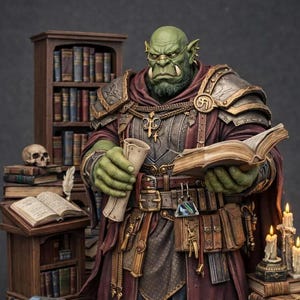 May include: A green-skinned orc figurine wearing a dark red robe and metal armor, holding a scroll and an open book. The figure stands on a stone base surrounded by stacks of books, a bookshelf, two skulls, and three lit candles with melting wax.
