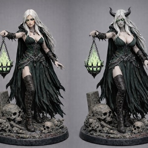 May include: A detailed figurine of a pale-skinned figure with long white hair, wearing a dark green tattered dress, a black cloak, and tall boots. The figure holds a hanging lantern with green flames, standing on a base of skulls and stone.