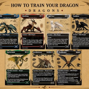 Könnte beinhalten: Ein Set aus sieben Sammelkarten zum Thema How to Train Your Dragon mit Illustrationen von Stormfly, Hookfang, Light Fury, Toothless, Barf & Belch, Bewilderbeast und Cloudjumper, inklusive Spieltext und Werten auf beigem Hintergrund.