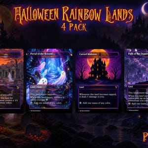 Può includere: Un pacchetto da quattro carte collezionabili a tema Halloween intitolato Halloween Rainbow Lands. Le carte presentano illustrazioni scure e suggestive di un cimitero, un portale luminoso con fantasmi, una casa stregata e un ponte.