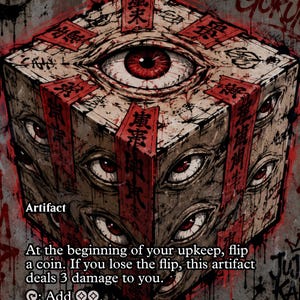 May include: A Mana Crypt trading card featuring a stone cube covered in red-irised eyes and red banners with black text. The card text reads: At the beginning of your upkeep, flip a coin. If you lose the flip, this artifact deals 3 damage to you.