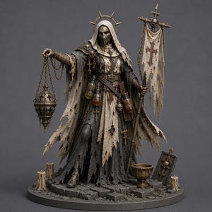 May include: A detailed figurine of a robed figure with a skeletal mask, holding a censer and banner with a cross. The figure is in dark gray and off-white, with a halo and skull accents. The base includes candles and a chalice.