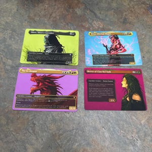 May include: Four Magic: The Gathering trading cards featuring Shirei, Shizo's Caretaker in lime green, Breya, Etherium Shaper in blue, The Ur-Dragon in purple, and Meren of Clan Nel Toth in magenta, each displaying character art and text.