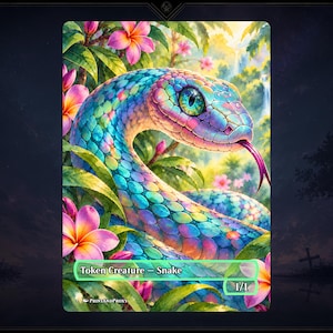 May include: A rectangular game card featuring a vibrant, iridescent snake with large teal eyes and a purple tongue, surrounded by lush green foliage and bright pink tropical flowers. The text reads Token Creature - Snake and 1/1.