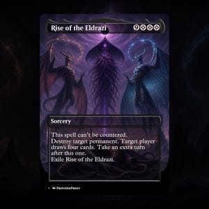 Puede incluir: Una carta coleccionable rectangular titulada Rise of the Eldrazi con ilustraciones cósmicas en tonos morados y azules que muestran dos figuras aladas y una entidad central. El texto dice: This spell can't be countered. Destroy target permanent. Target player draws four cards. Take an extra turn after this one. Exile Rise of the Eldrazi.