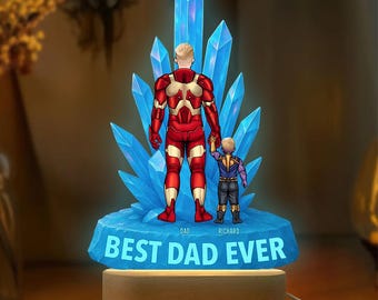 Personalized Superhero Dad LED Night Light, Custom Father's Day Gift for Best Dad Ever, Unique Dad and Kids Lamp