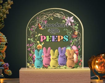 Personalized Easter Gifts for Grandma, Custom Bunny Peeps LED Night Light with Grandkids Names, Acrylic Wood Base Lamp