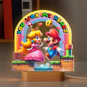 Personalized Mario Peach LED Light, Custom Gamer Couple Gift, You Won My Heart Lamp, Acrylic Wood Base, Anniversary Valentine's Day image 2