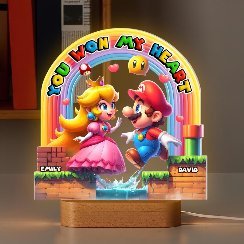 Personalized Mario Peach LED Light, Custom Gamer Couple Gift, You Won My Heart Lamp, Acrylic Wood Base, Anniversary Valentine's Day image 2