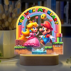 Personalized Mario Peach LED Light, Custom Gamer Couple Gift, You Won My Heart Lamp, Acrylic Wood Base, Anniversary Valentine's Day image 4