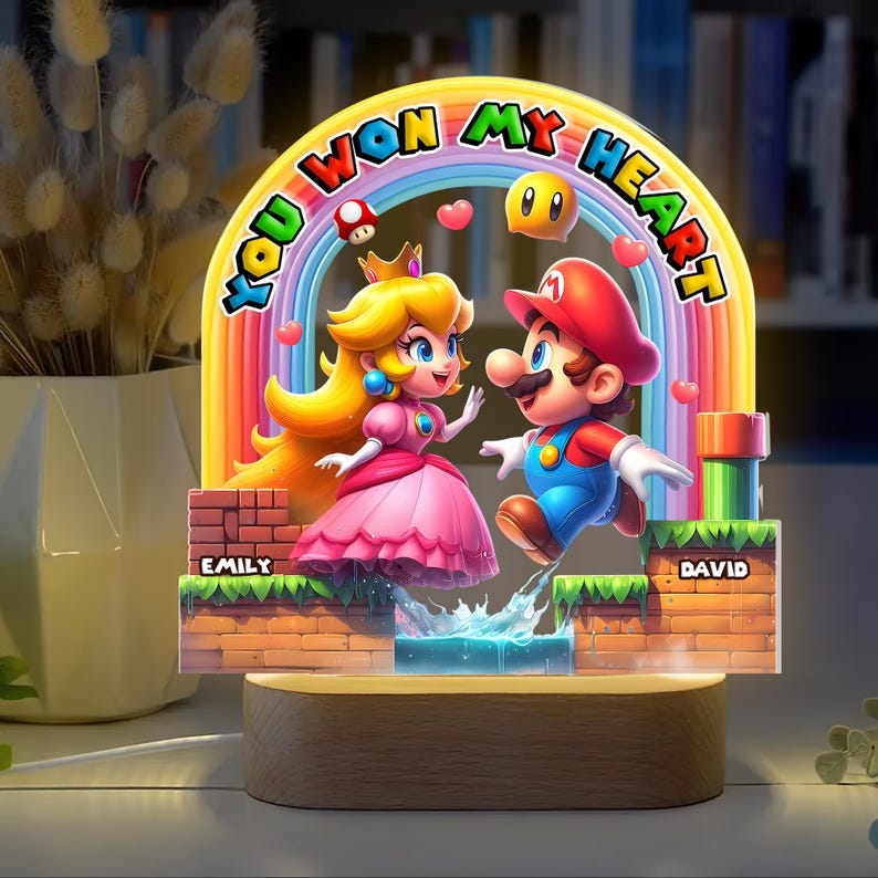 Personalized Mario Peach LED Light, Custom Gamer Couple Gift, You Won My Heart Lamp, Acrylic Wood Base, Anniversary Valentine's Day image 4