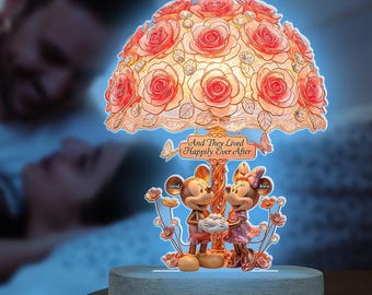Personalized Mickey Minnie LED Rose Lamp, Custom Couple Light with Names, Happily Ever After Anniversary Wedding Gift for Her Him