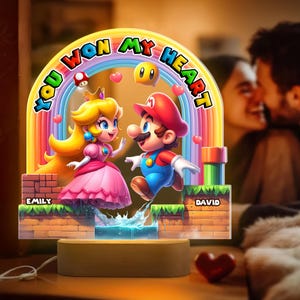 Personalized Mario Peach LED Light, Custom Gamer Couple Gift, You Won My Heart Lamp, Acrylic Wood Base, Anniversary Valentine's Day image 1