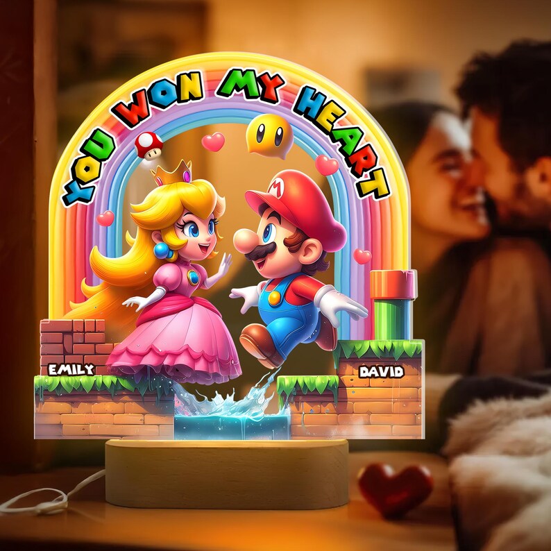 Personalized Mario Peach LED Light, Custom Gamer Couple Gift, You Won My Heart Lamp, Acrylic Wood Base, Anniversary Valentine's Day image 1