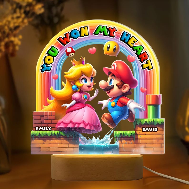 Personalized Mario Peach LED Light, Custom Gamer Couple Gift, You Won My Heart Lamp, Acrylic Wood Base, Anniversary Valentine's Day image 3