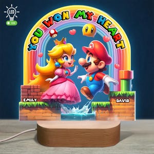 Personalized Mario Peach LED Light, Custom Gamer Couple Gift, You Won My Heart Lamp, Acrylic Wood Base, Anniversary Valentine's Day image 5